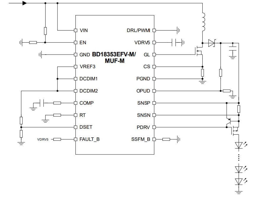 アプリケーション回路図 - ROHM Semiconductor BD18353EFV-M 1ch高電流LEDコントローラ